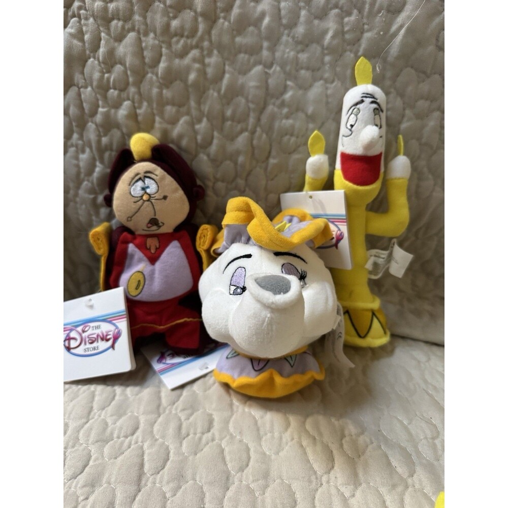 Disney Store Beauty & the Beast Bean Bag Plush Lot Cogsworth Lumiere Mrs Potts